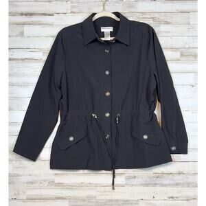 Draper & Damon's Petite Lg Button Up Shirt Jacket Drawstring Waist Pockets Black